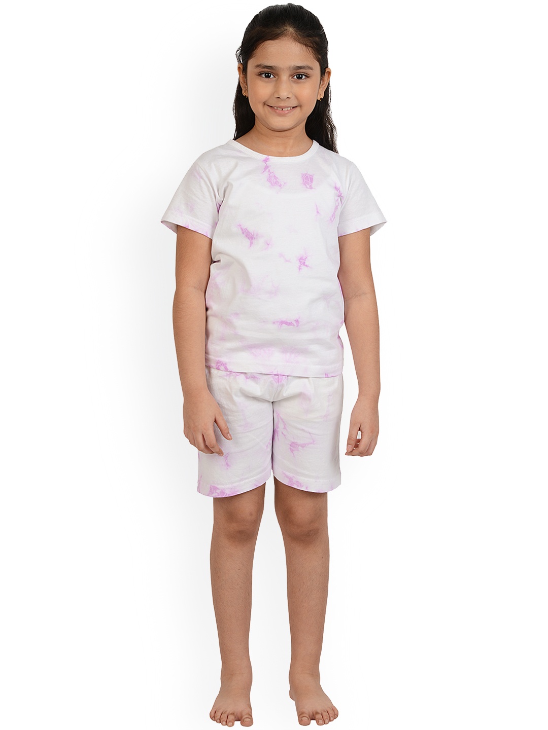 

frangipani Kids White & Purple Tie & Dye Printed Pure Cotton Night Suit