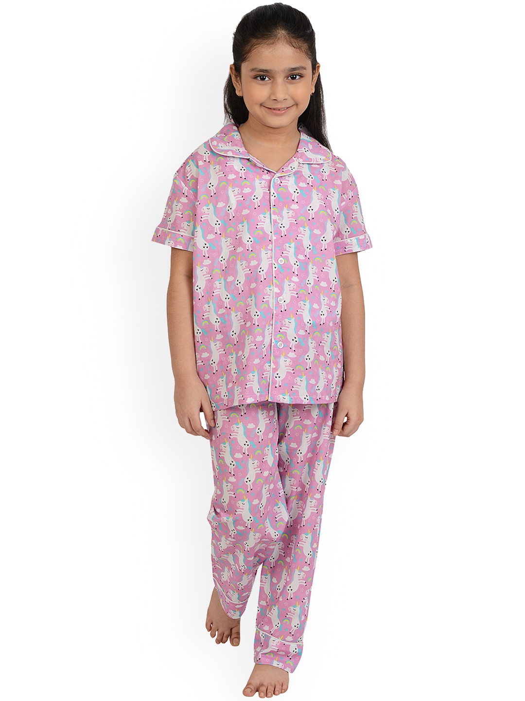 

frangipani Girls Pink & White Printed Pure Cotton Night Suit