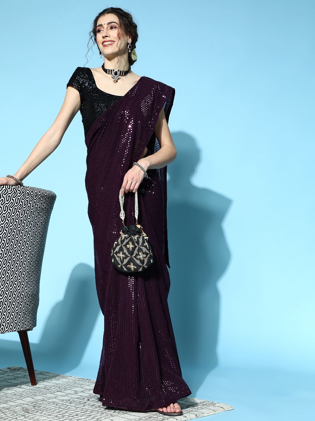 Mitera Striped Saree, Burgundy