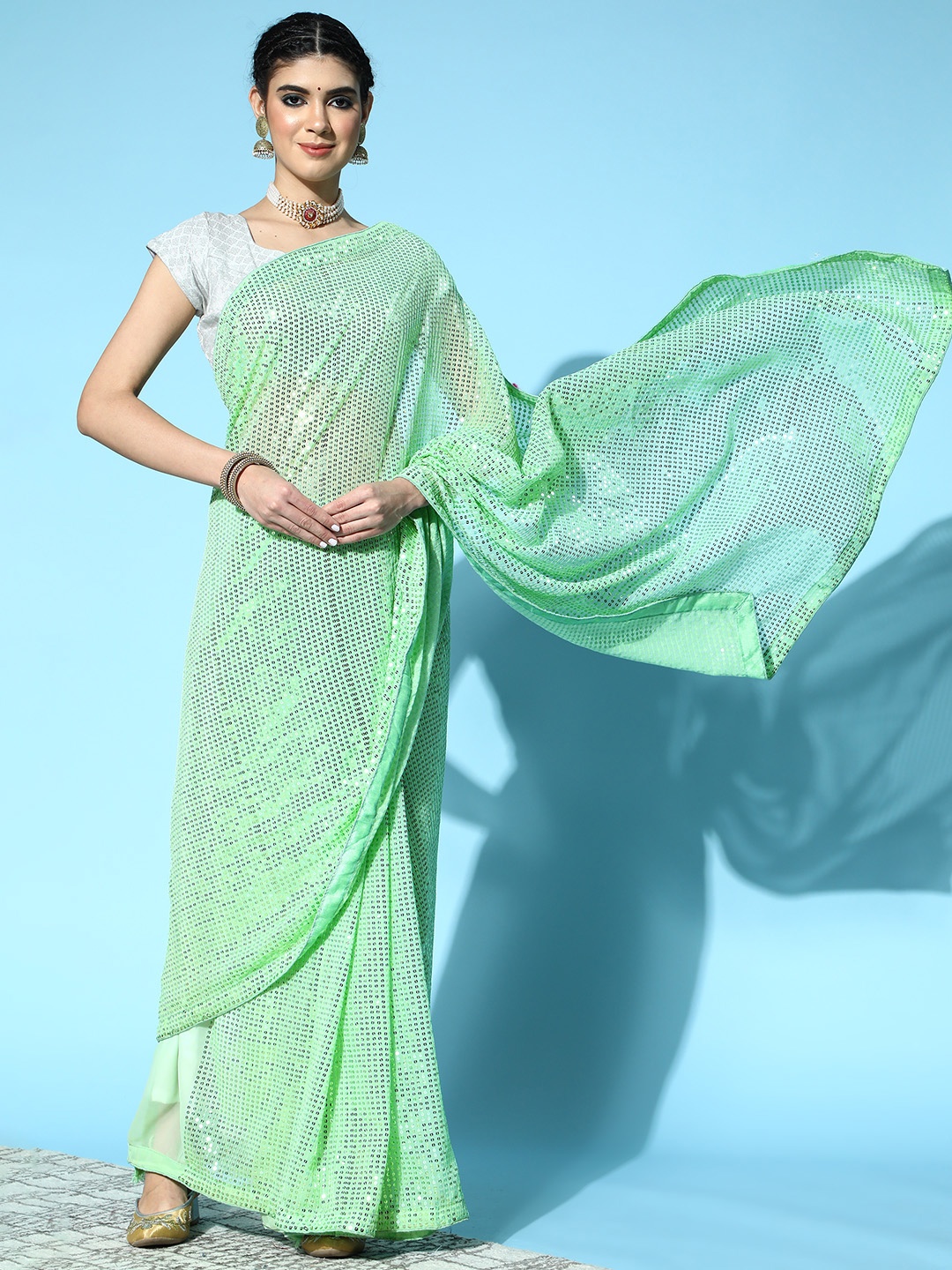 

Mitera Striped Saree, Green