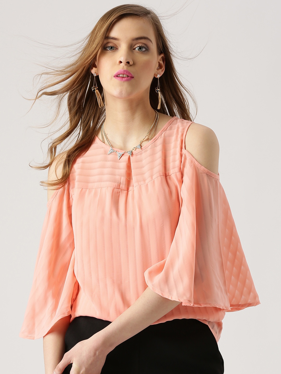 

Marie Claire Women Peach-Coloured Georgette Self-Striped Cold Shoulder Top