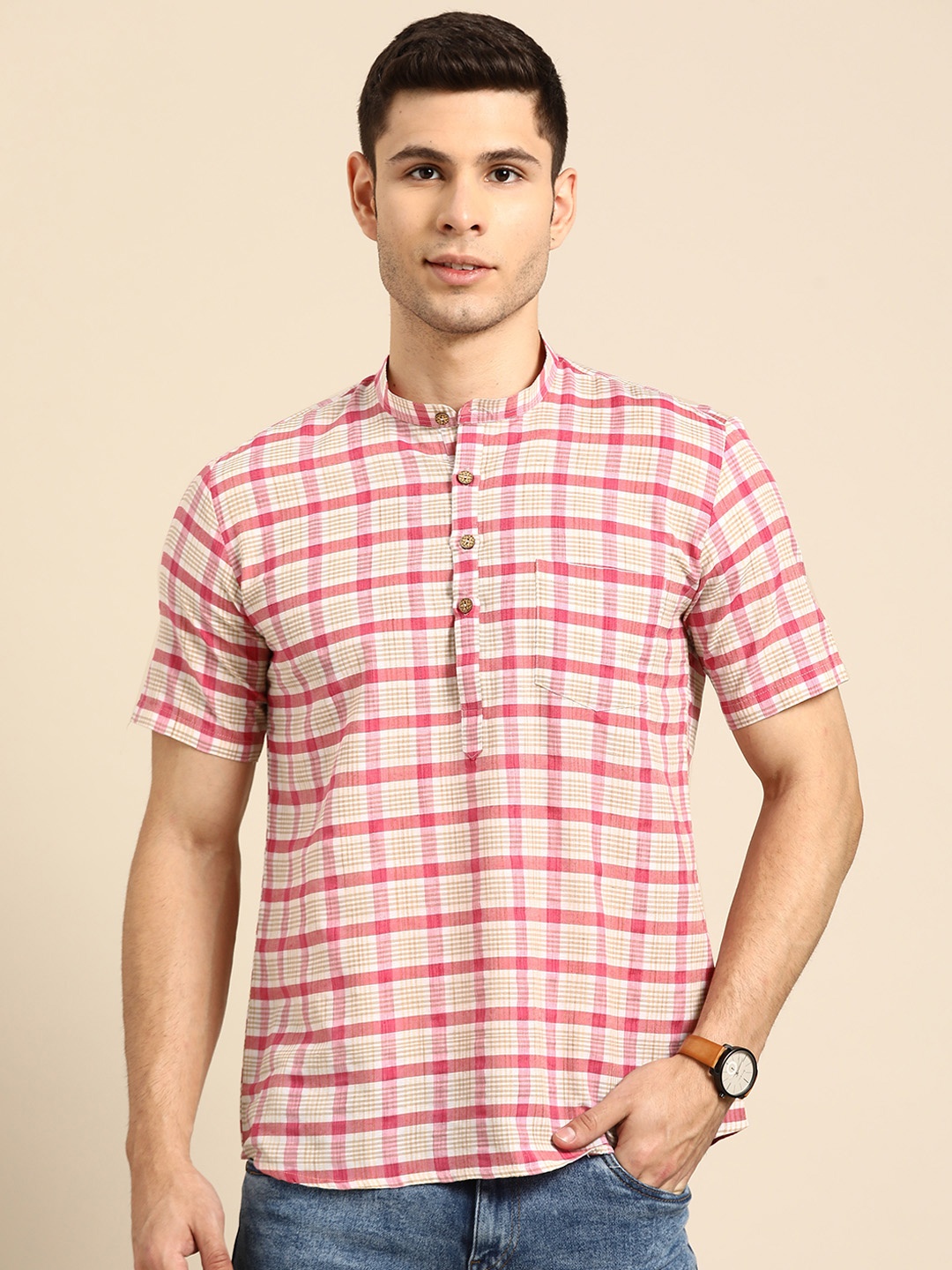 

RAJUBHAI HARGOVINDAS Men Pink & Off White Pure Cotton Checked Short Kurta