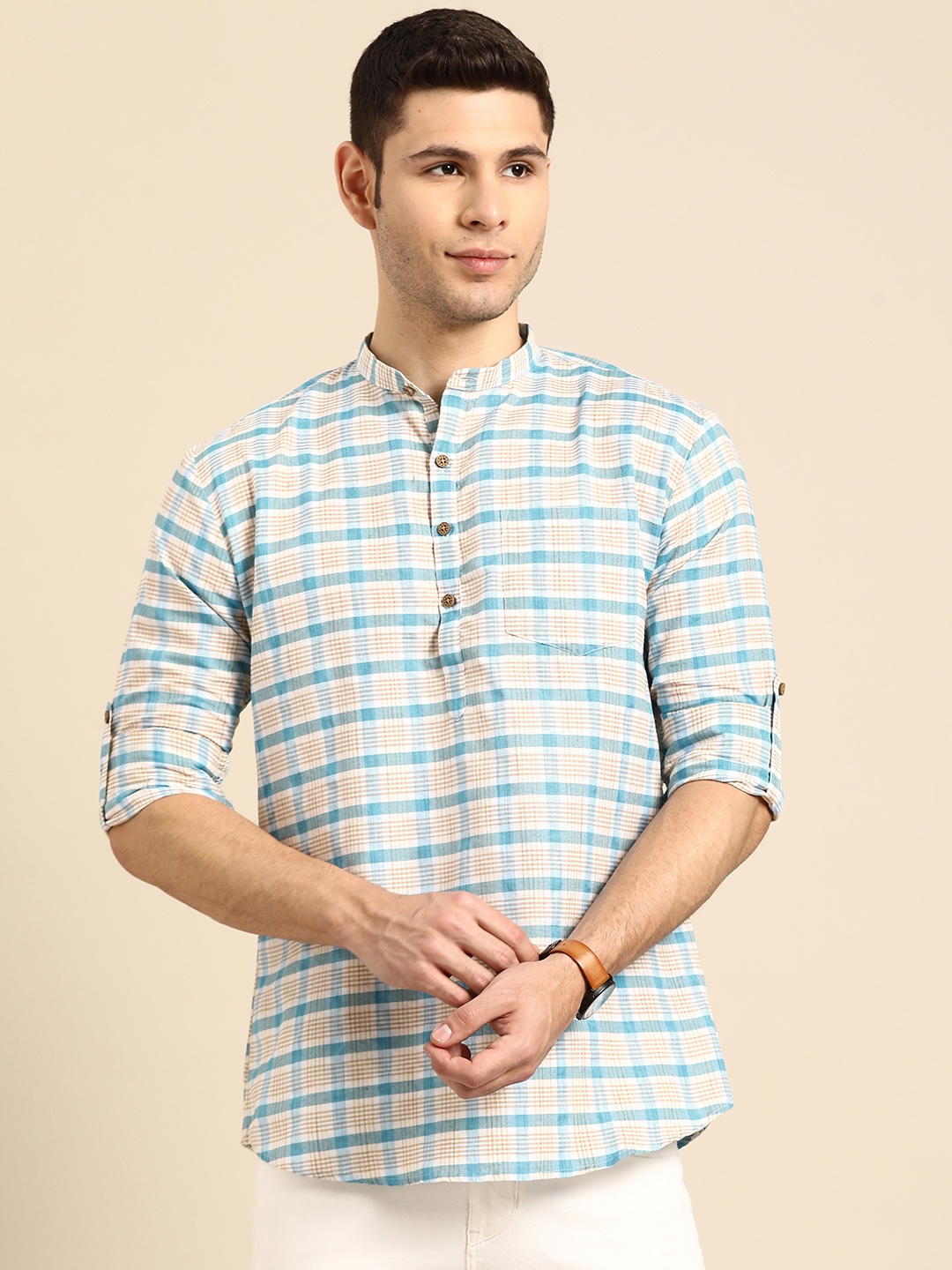 

RAJUBHAI HARGOVINDAS Men Blue & Off White Pure Cotton Checked Short Kurta