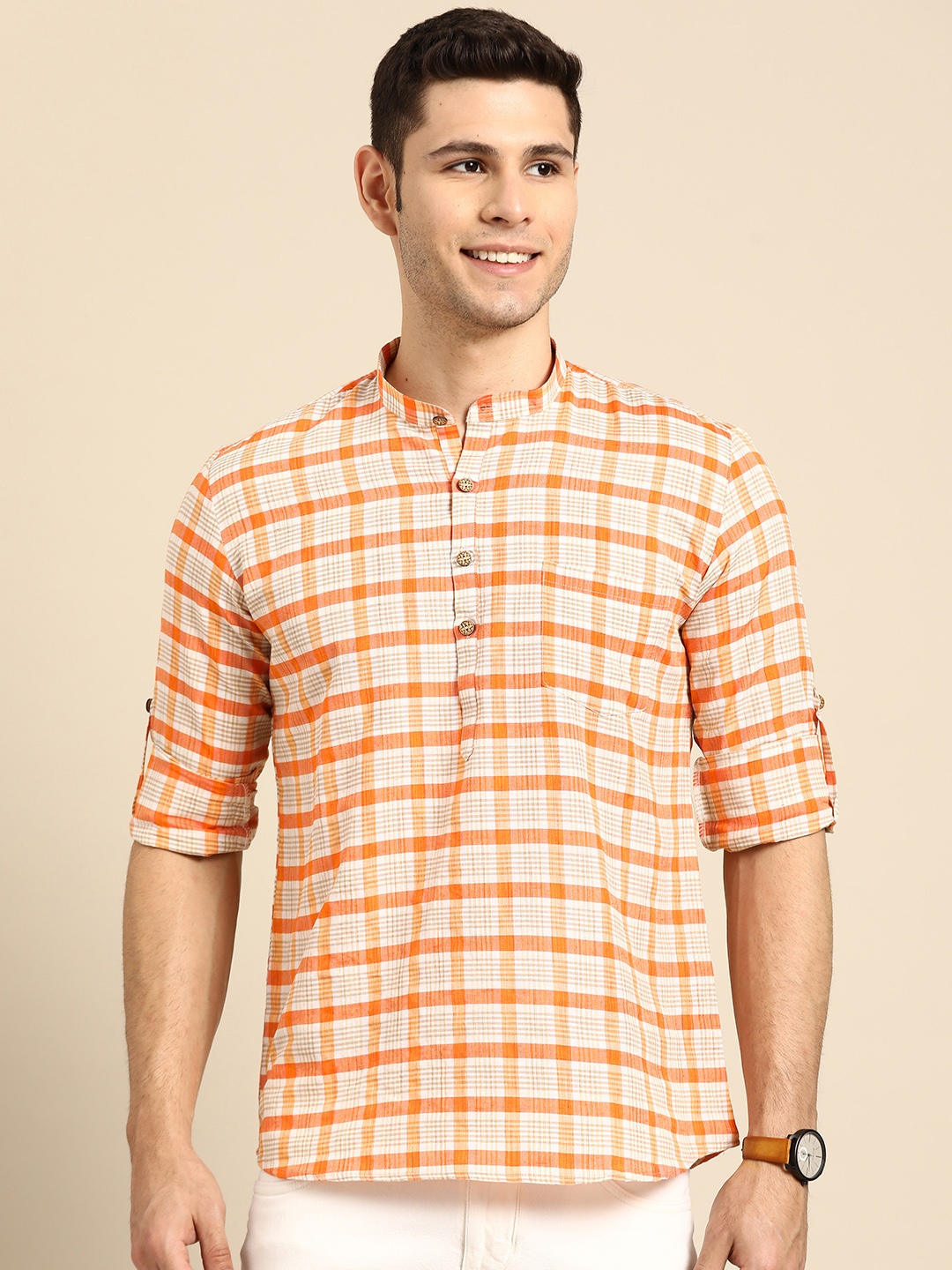 

RAJUBHAI HARGOVINDAS Men Orange & Off White Pure Cotton Checked Short Kurta