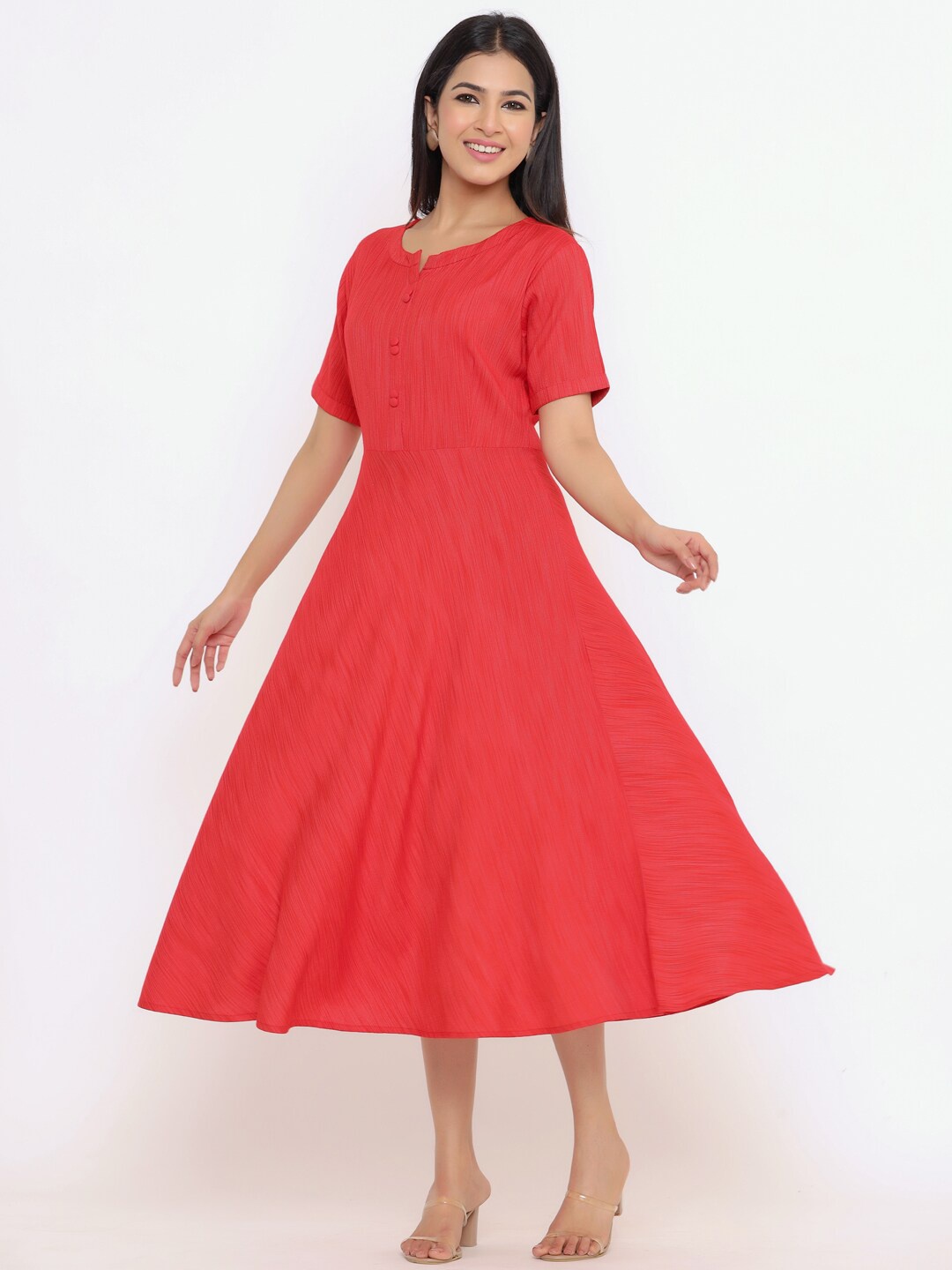 

Indian Virasat Red Self Design Fit & Flare Midi Dress