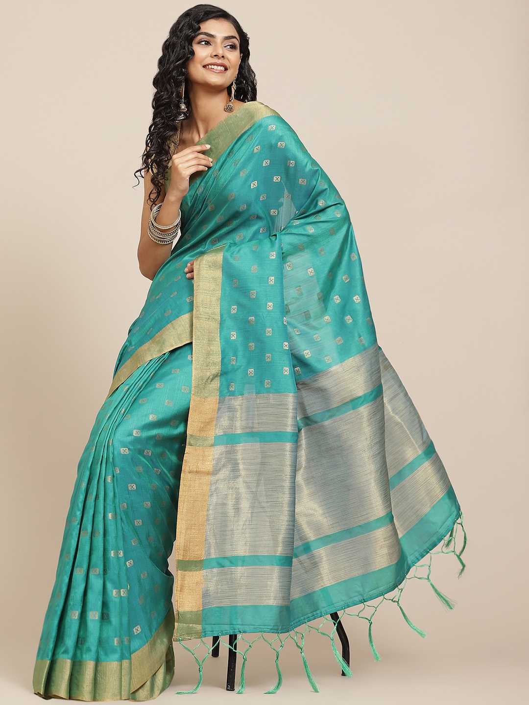 

Havida Sarees Green & Golden Ethnic Motifs Silk Cotton Saree
