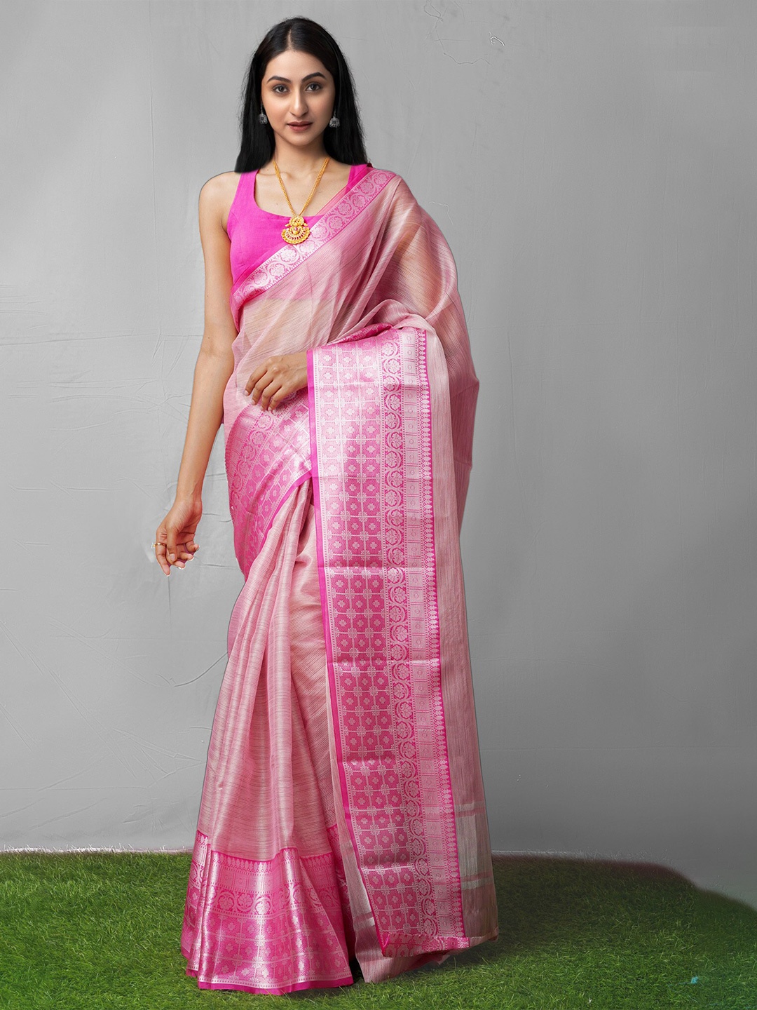 

Unnati Silks Pink & Silver-Toned Ethnic Motifs Tissue Kota Saree