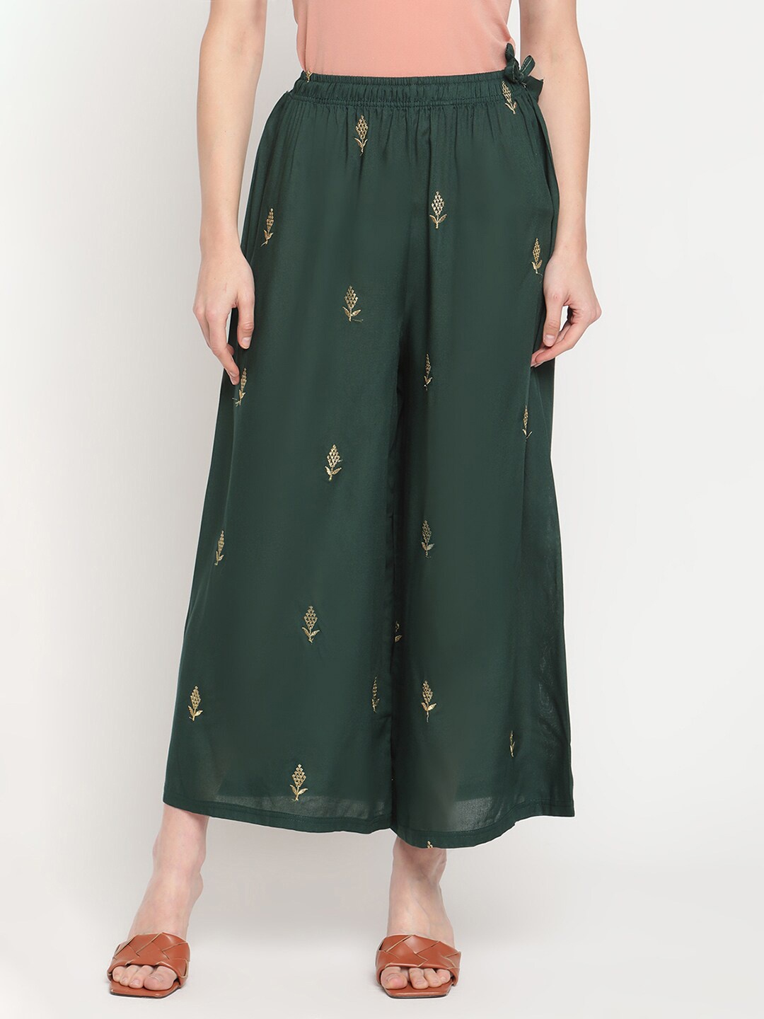 

TAG 7 Women Green & Gold-Toned Floral Embroidered Flared Ethnic Palazzos