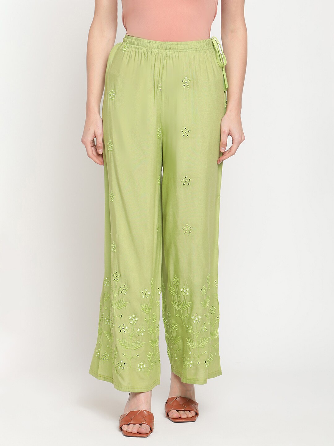 

TAG 7 Women Green Floral Embellished Flared Ethnic Palazzos