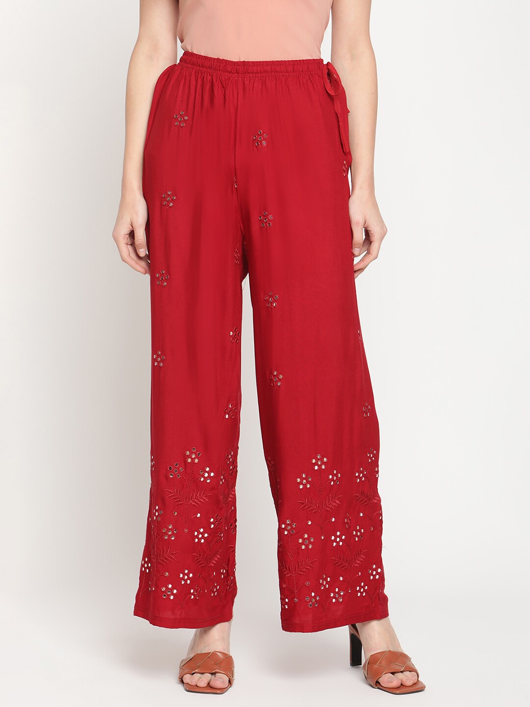 

TAG 7 Women Maroon Floral Embellished Flared Ethnic Palazzos