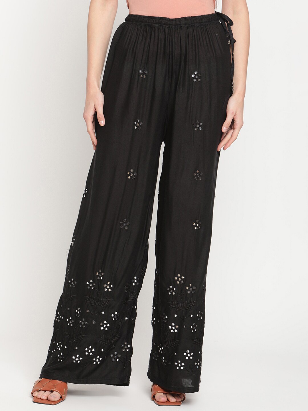 

TAG 7 Women Black Embellished Flared Ethnic Palazzos
