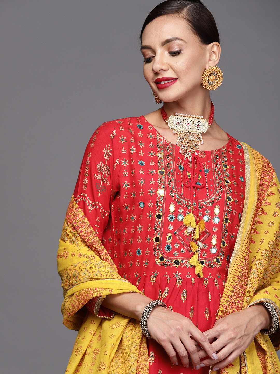 

Indo Era Women Red & Yellow Ethnic Motifs Printed Sequinned Kurta with Trousers & Dupatta