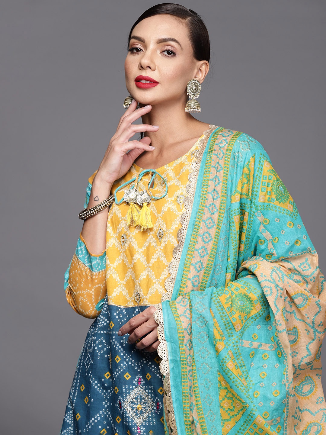 

Indo Era Women Blue & Yellow Bandhani Printed Gotta Patti Kurta with Palazzos & Dupatta