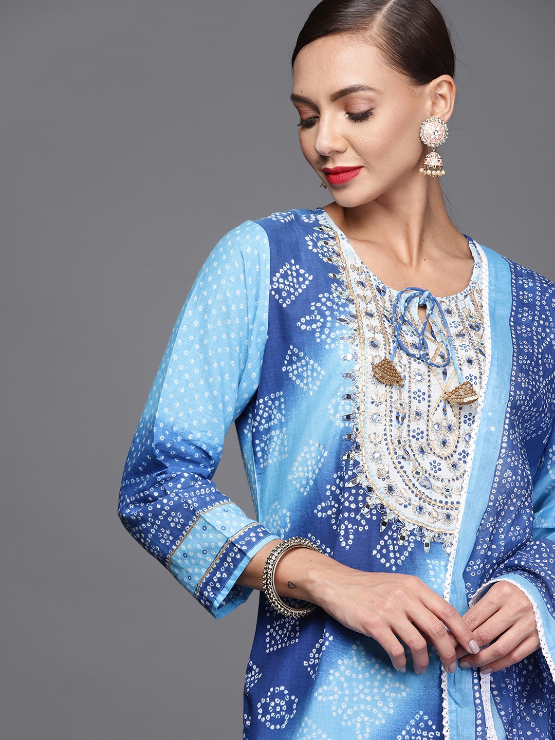

Indo Era Women Blue & White Bandhani Printed Kurta with Trousers & Dupatta