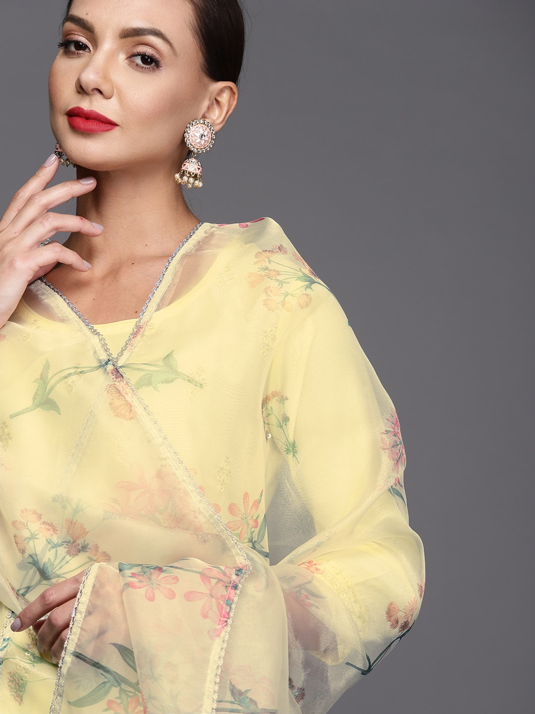 

Indo Era Women Yellow & Pink Ethnic Motifs Printed Kurta with Palazzos & Dupatta