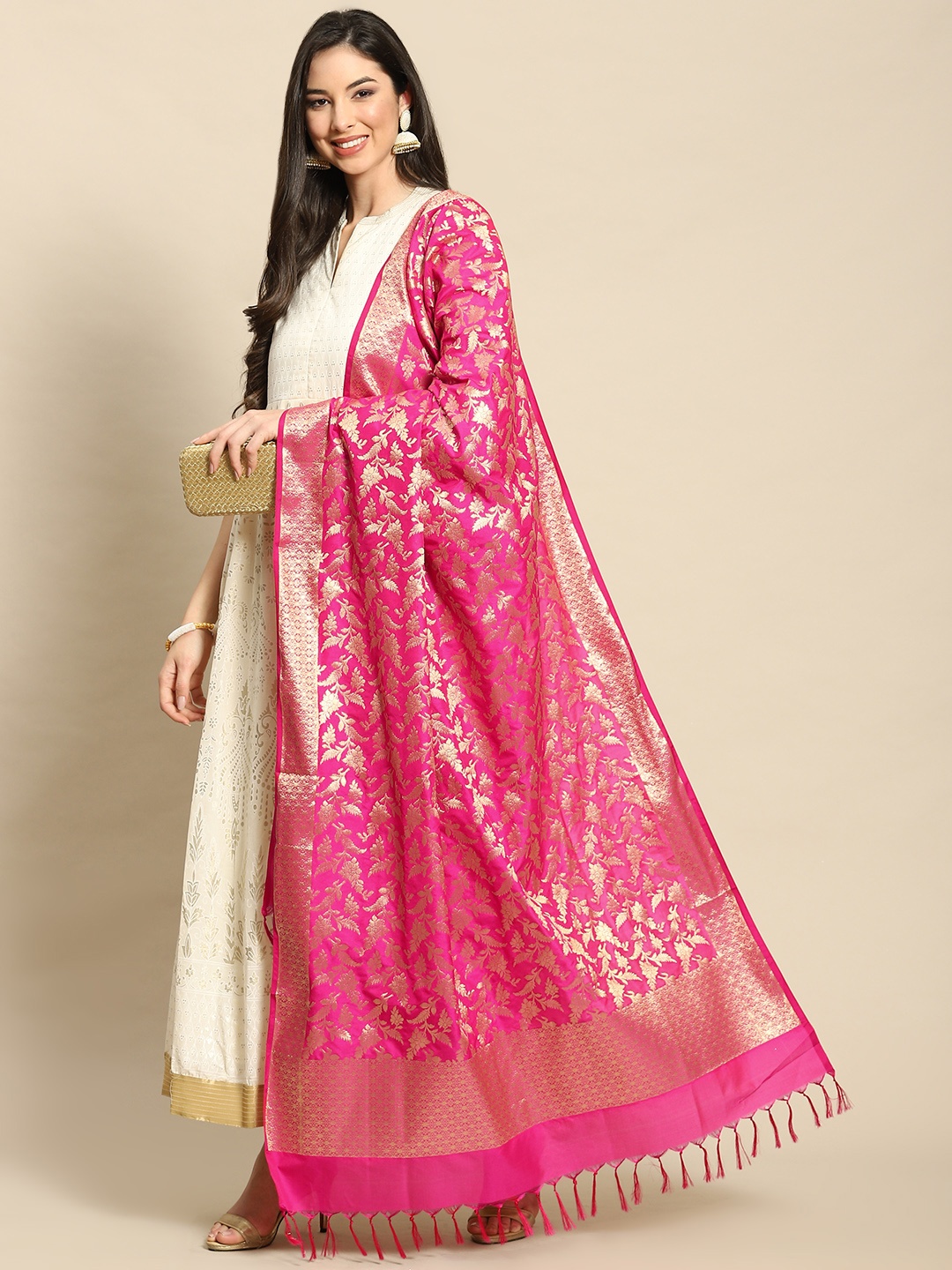 

Banarasi Style Pink & Gold-Toned Ethnic Motifs Woven Design Art Silk Dupatta with Zari