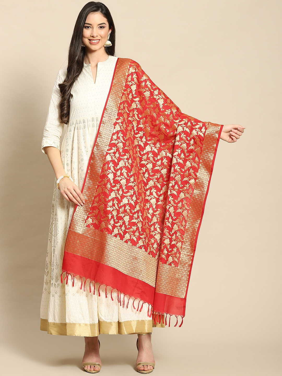 

Banarasi Style Red & Gold-Toned Ethnic Motifs Woven Design Art Silk Dupatta with Zari