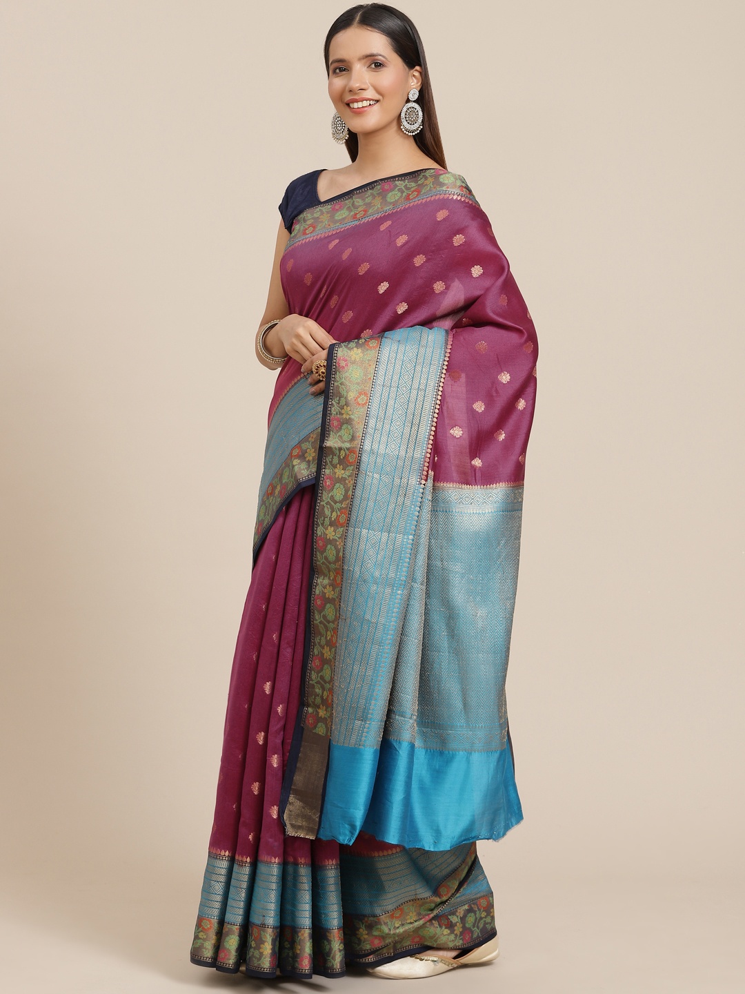 

Banarasi Style Burgundy & Blue Woven Design Pure Silk Banarasi Saree