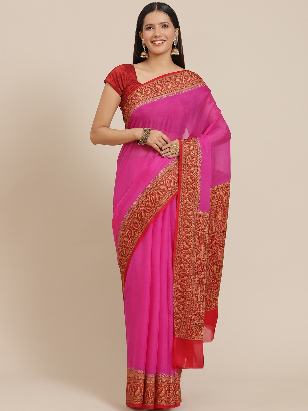 

Banarasi Style Pink Solid Pure Chiffon Banarasi Saree