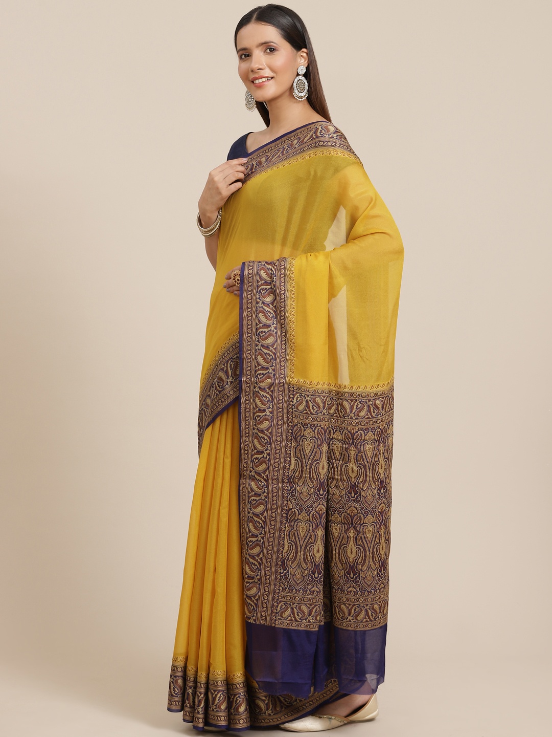 

Banarasi Style Mustard & Navy Blue Woven Design Pure Chiffon Banarasi Saree