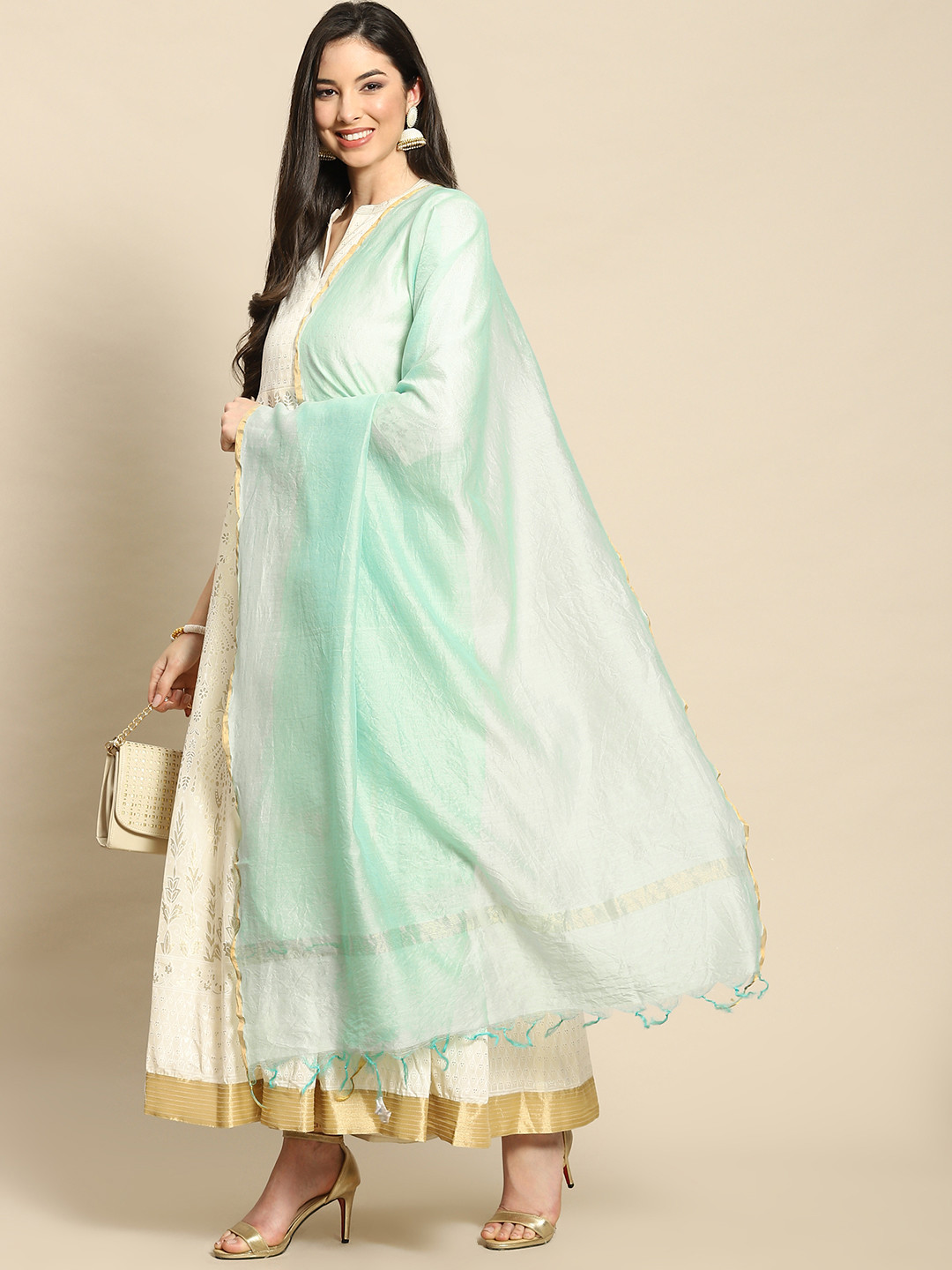 

Banarasi Style Turquoise Blue Cotton Silk Dupatta