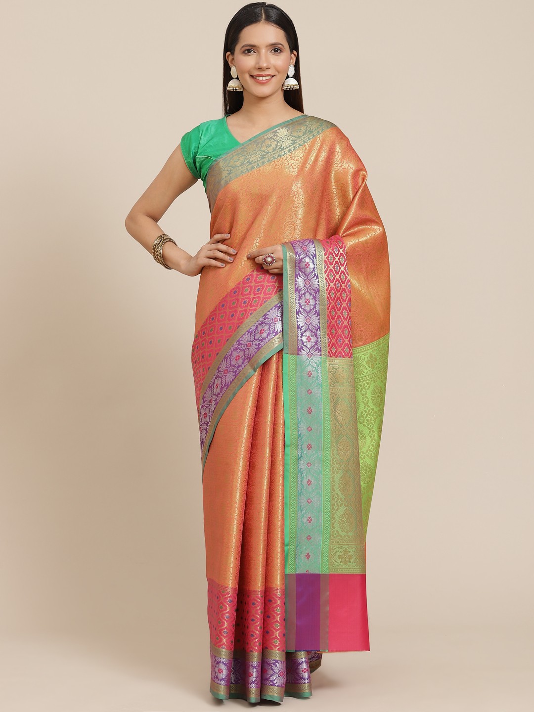 

Banarasi Style Peach-Coloured & Green Woven Design Art Silk Banarasi Saree