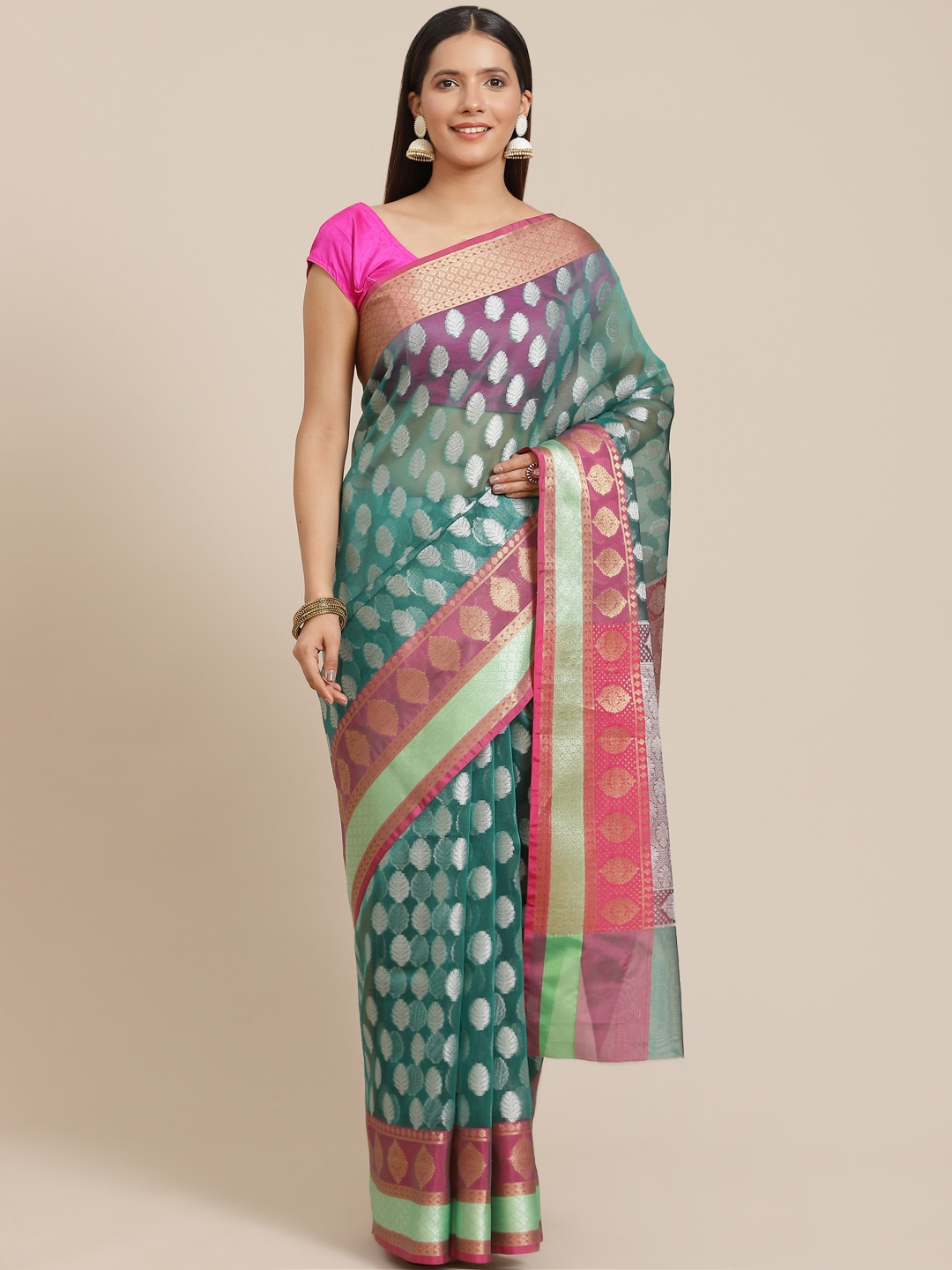 

Banarasi Style Green & Silver Woven Design Organza Banarasi Saree