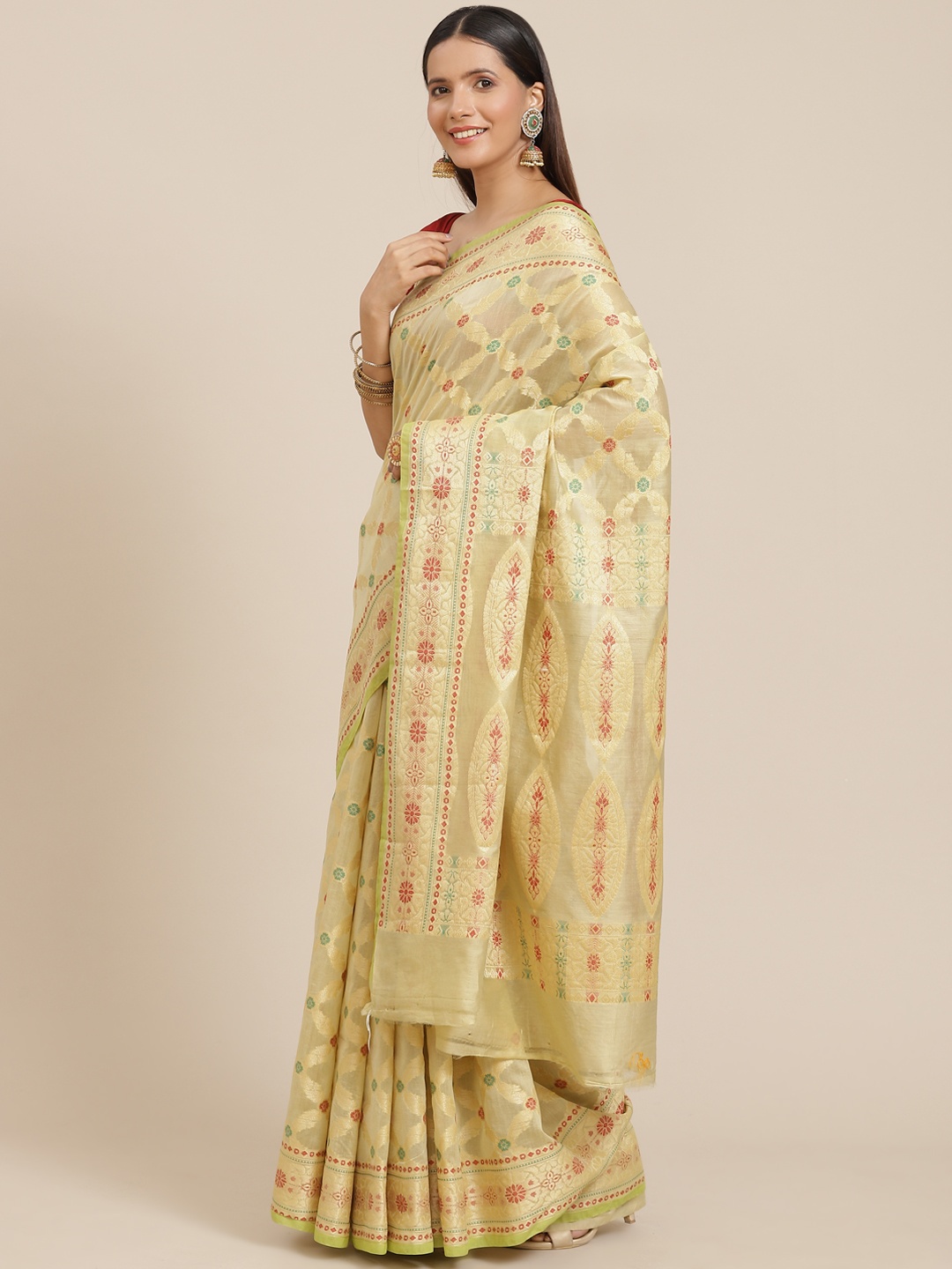 

Banarasi Style Green & Golden Ethnic Motifs Silk Cotton Banarasi Saree