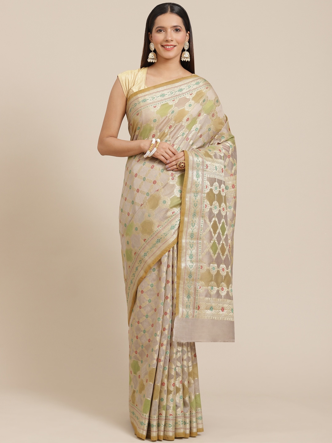 

Banarasi Style Beige & Green Ethnic Motifs Banarasi Saree