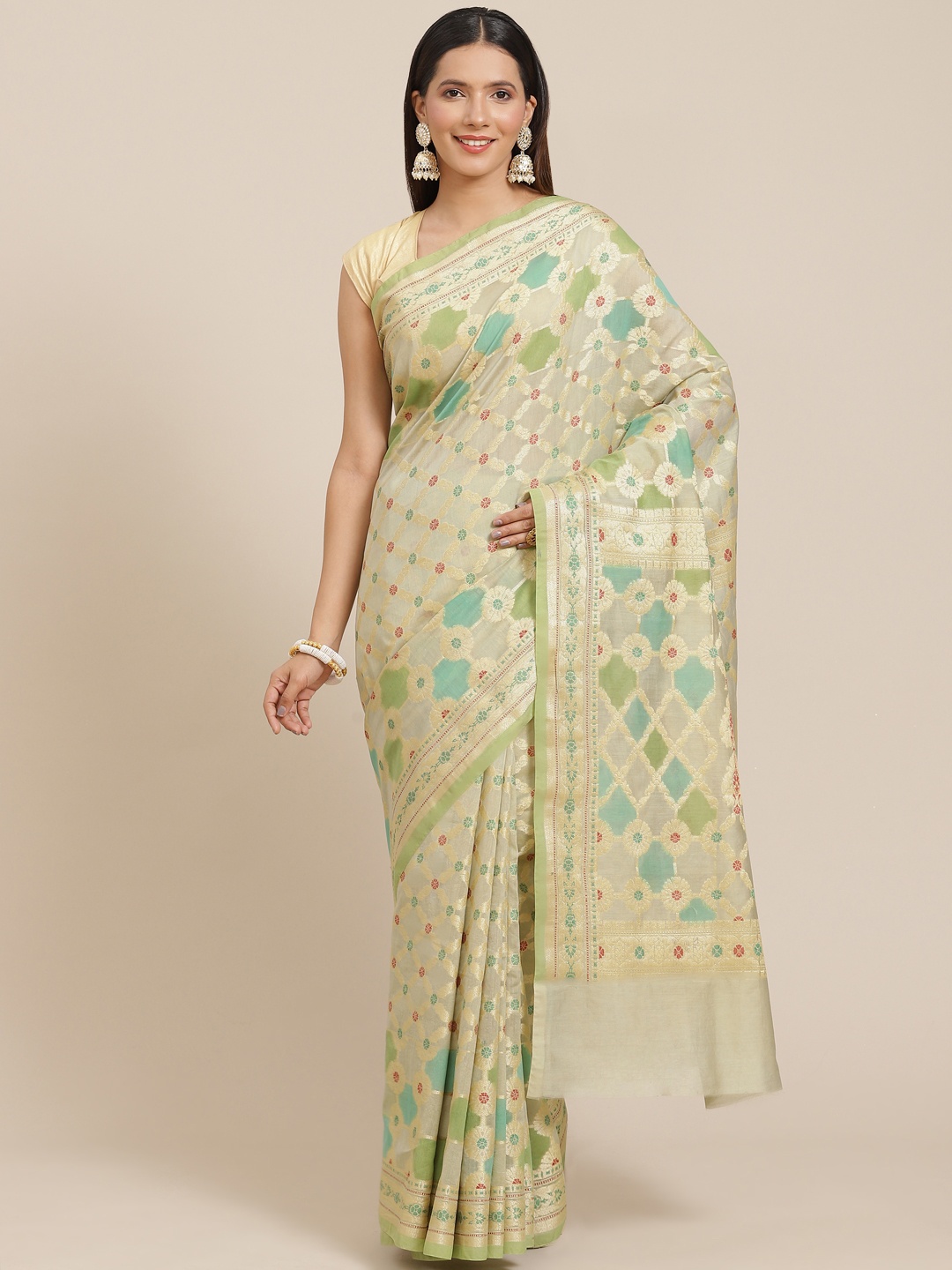 

Banarasi Style Beige & Green Ethnic Motifs Banarasi Saree