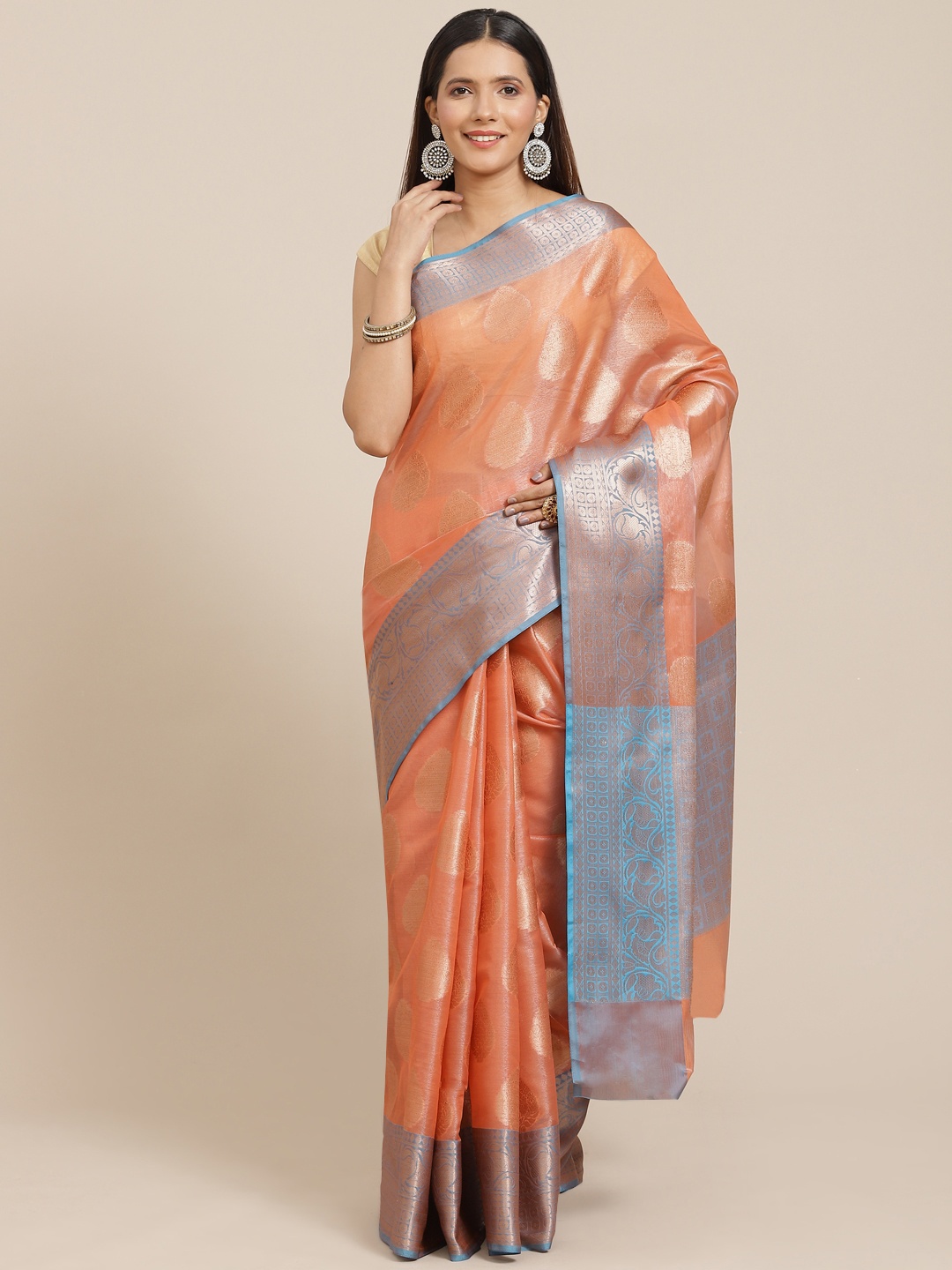 

Banarasi Style Peach-Coloured & Blue Woven Design Silk Blend Tussar Saree