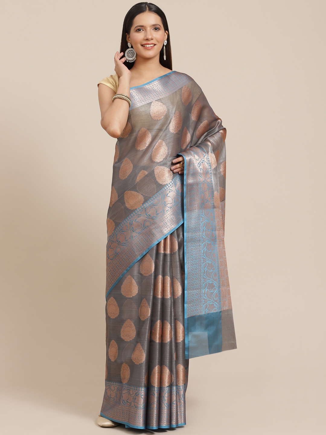 

Banarasi Style Grey & Beige Woven Design Silk Blend Tussar Saree