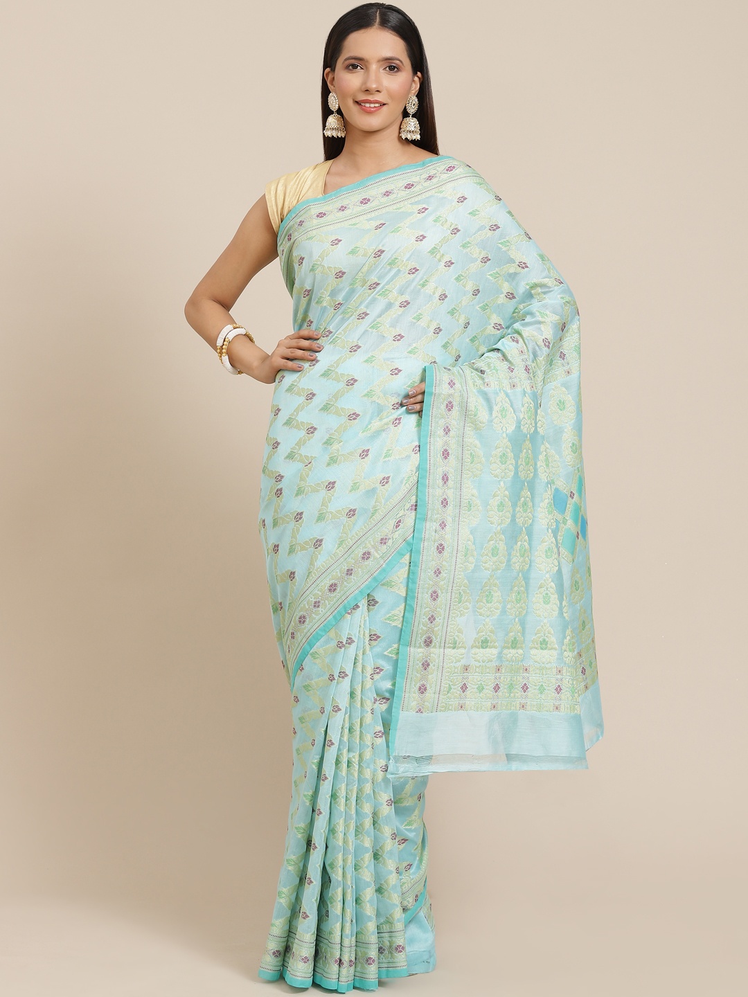 

Banarasi Style Blue & Cream-Coloured Ethnic Motifs Banarasi Saree