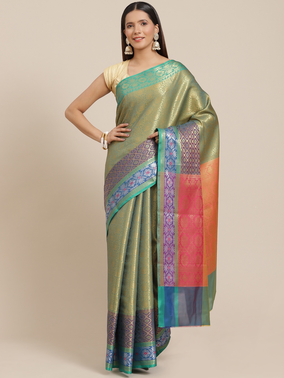 

Banarasi Style Green & Orange Ethnic Motifs Banarasi Saree