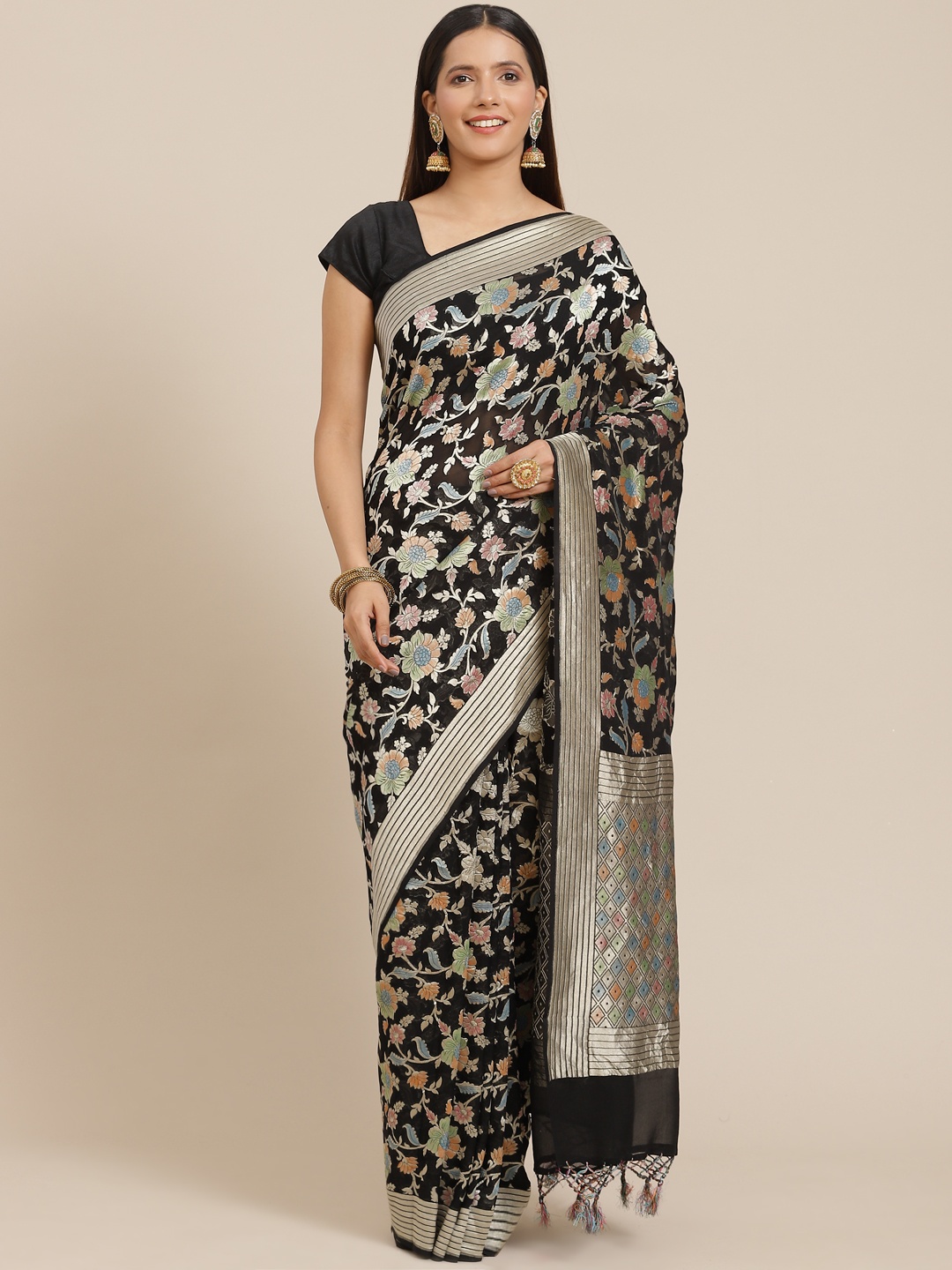 

Banarasi Style Black & Golden Ethnic Motifs Pure Chiffon Khadi Saree