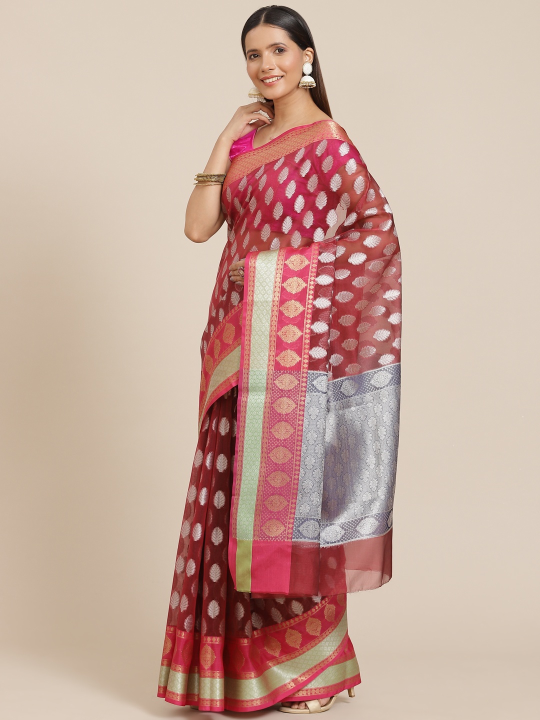 

Banarasi Style Maroon & Silver Ethnic Motifs Woven Design Organza Banarasi Saree