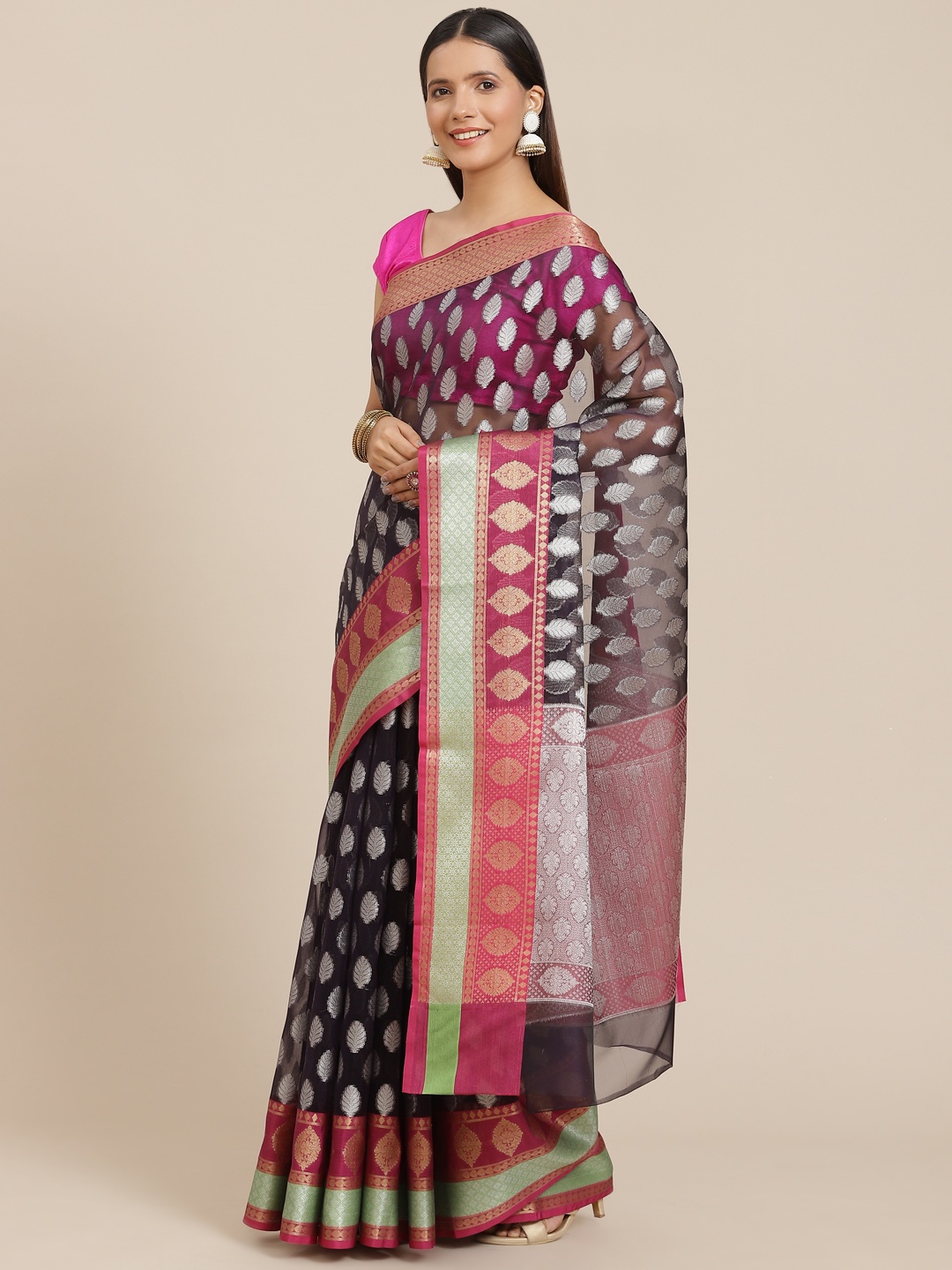 

Banarasi Style Navy Blue & Silver Woven Design Organza Banarasi Saree