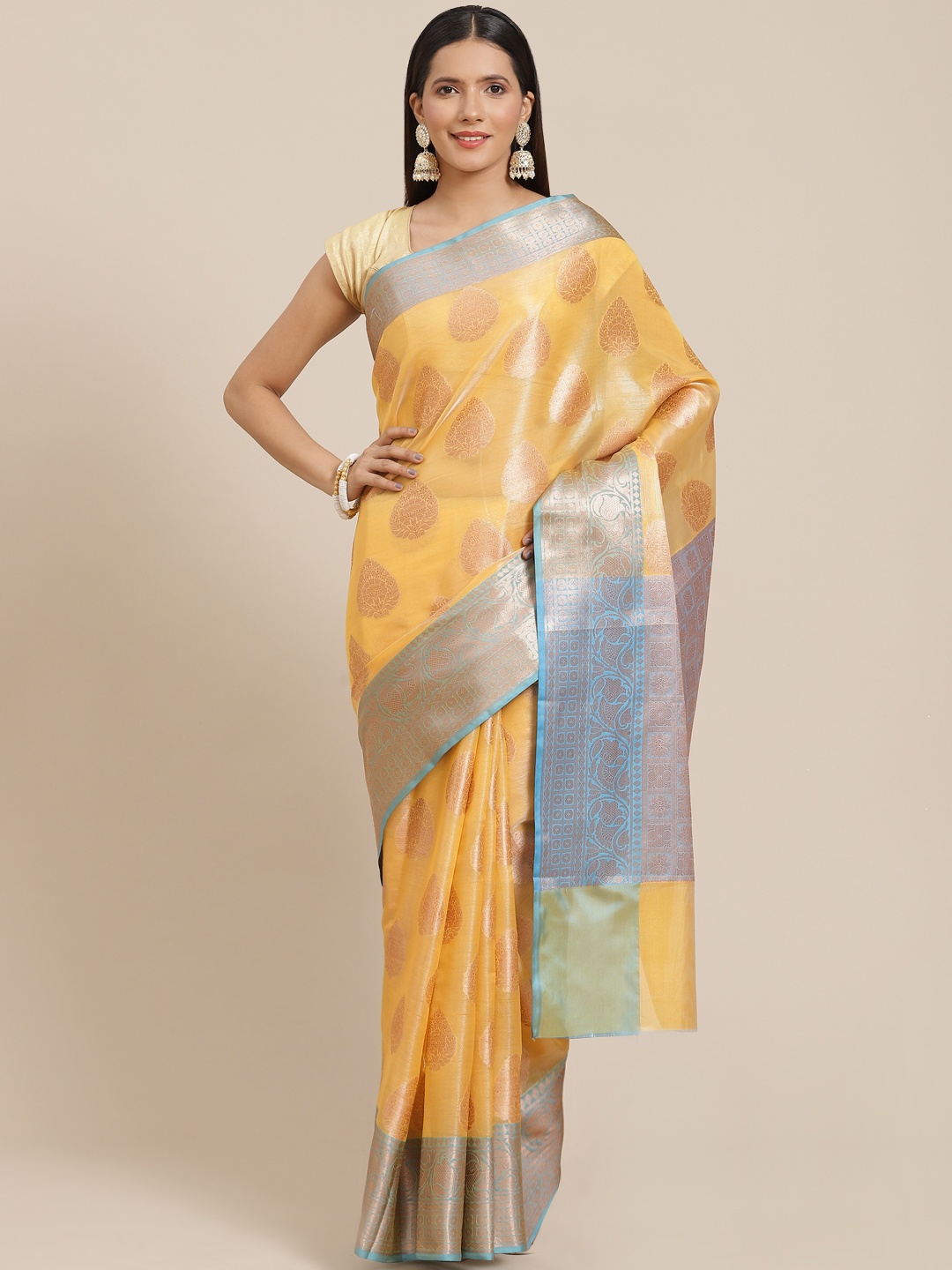 

Banarasi Style Yellow & Blue Woven Design Silk Blend Tussar Saree
