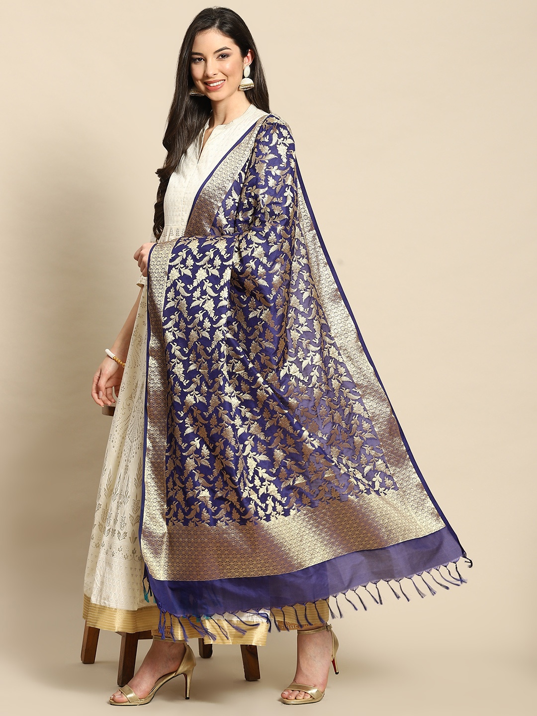

Banarasi Style Navy Blue & Gold-Toned Ethnic Motifs Woven Design Art Silk Dupatta with Zari