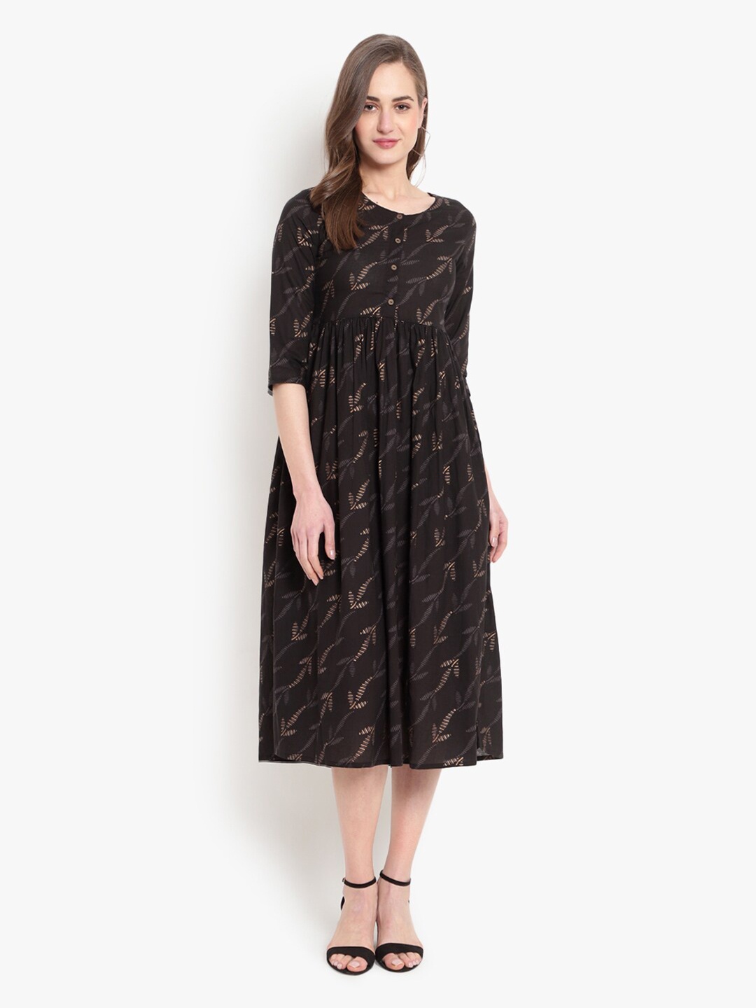 

Ashlee Black Floral Ethnic Cotton Midi Dress