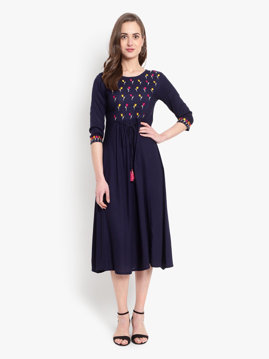 

Ashlee Women Navy Blue Floral Embroidered Rayon Midi Dress