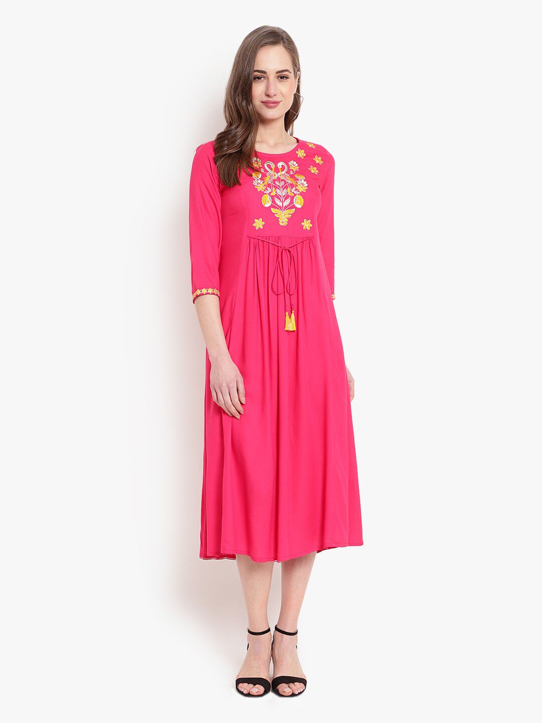

Ashlee Pink Floral Embroidered Ethnic Midi Dress