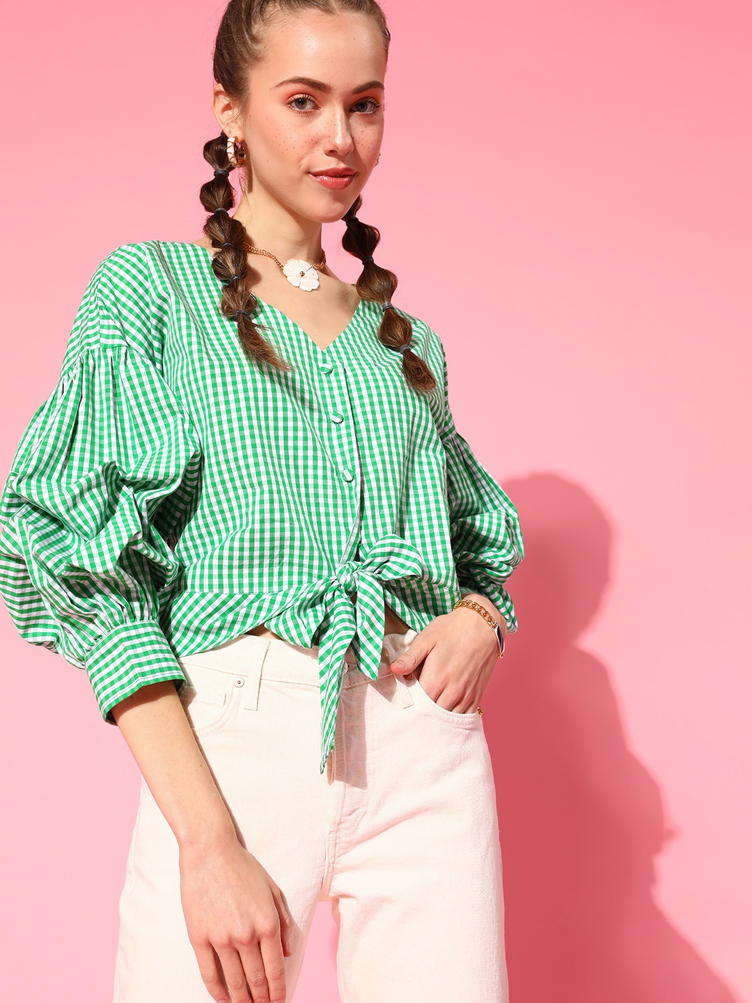 

Antheaa Women Gorgeous Green Checked Summer Gingham Top