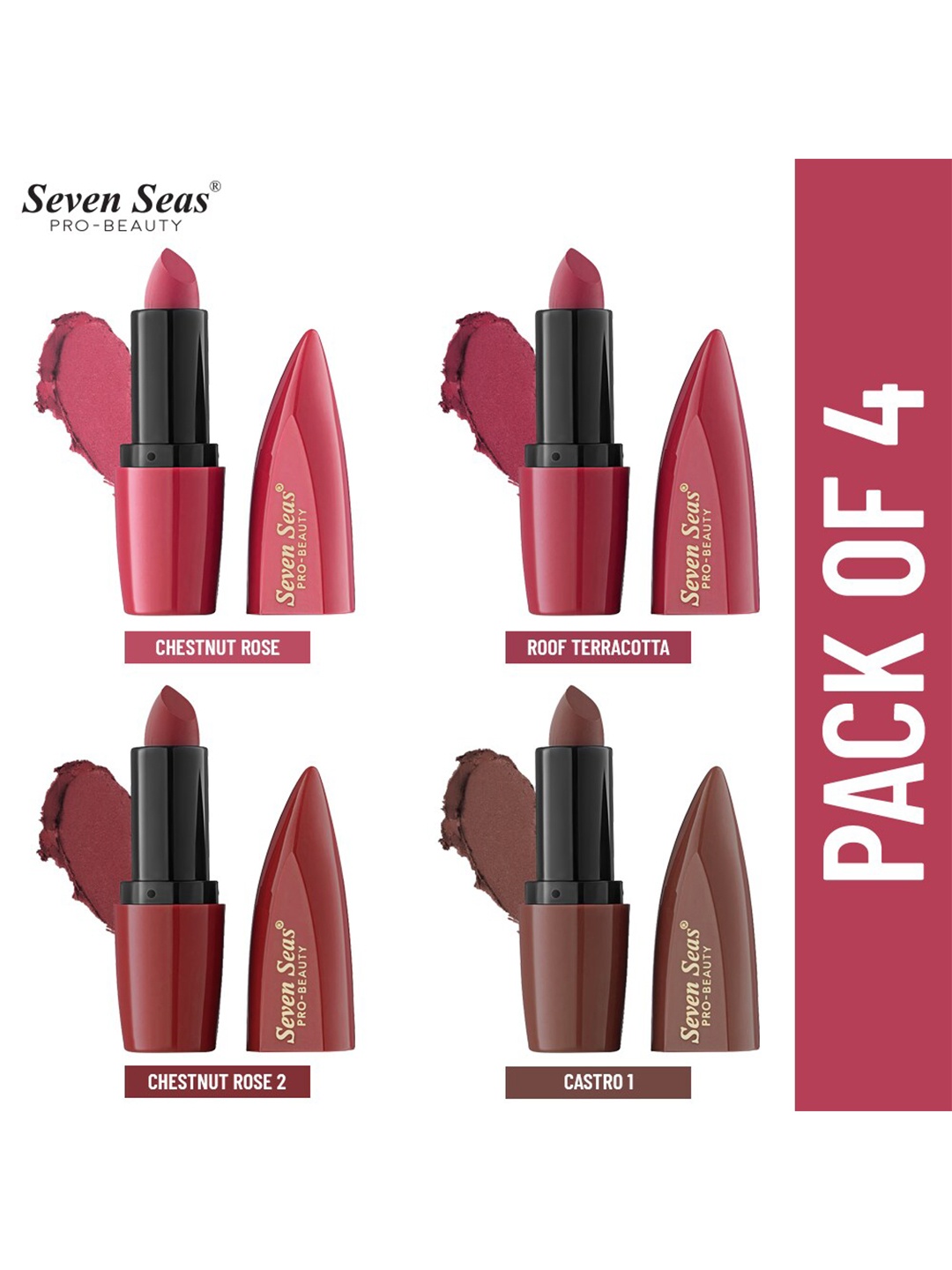 

Seven Seas Pack of 4 Full Coverage Ultimate Matte Lipstick, Red