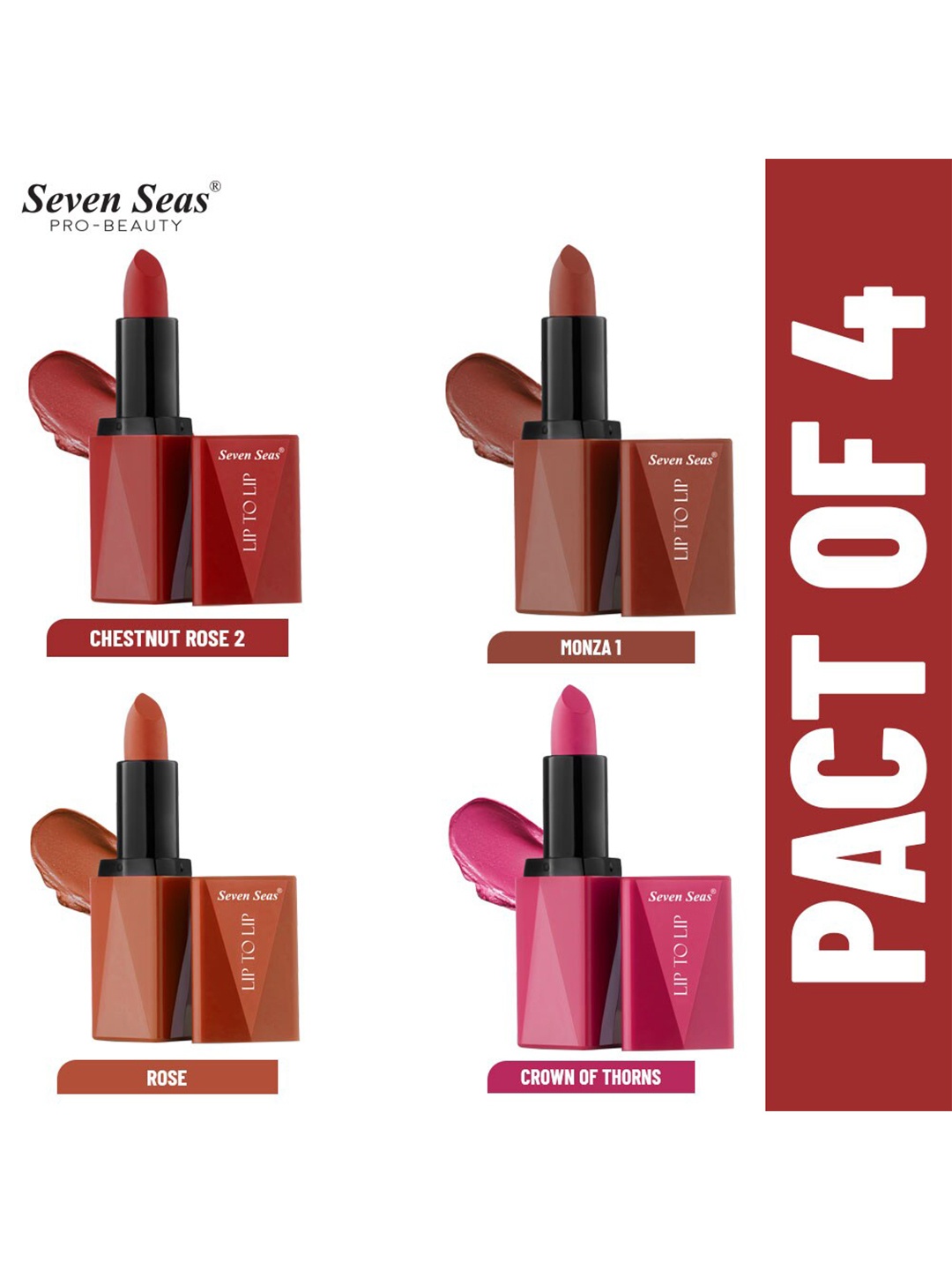 

Seven Seas Pack of 4 Lip To Lip High Coverage Matte Lipstick, Multi
