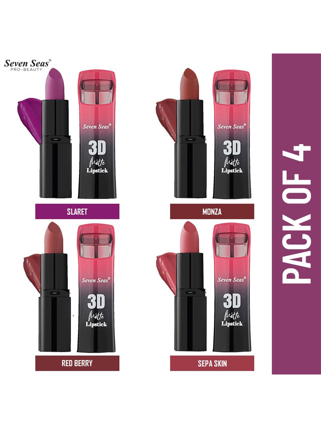 

Seven Seas Pack Of 4 3D Vitamin E Enriched Lipstick : Slaret, Monza, Red Berry, Sepa Skin, Purple