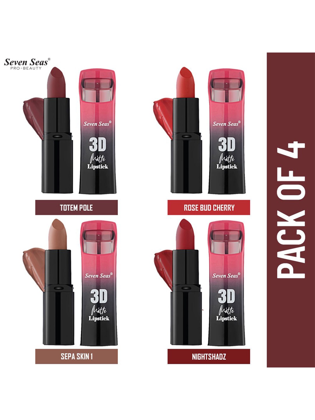 

Seven Seas Pack Of 4 Full Coverage 3D Matte Lipstick, Red