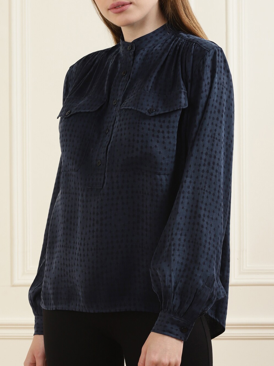

Ted Baker Blue Mandarin Collar Crepe Top