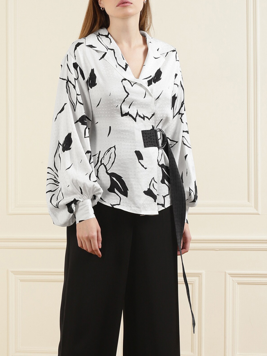 

Ted Baker White & Black Print Wrap Top
