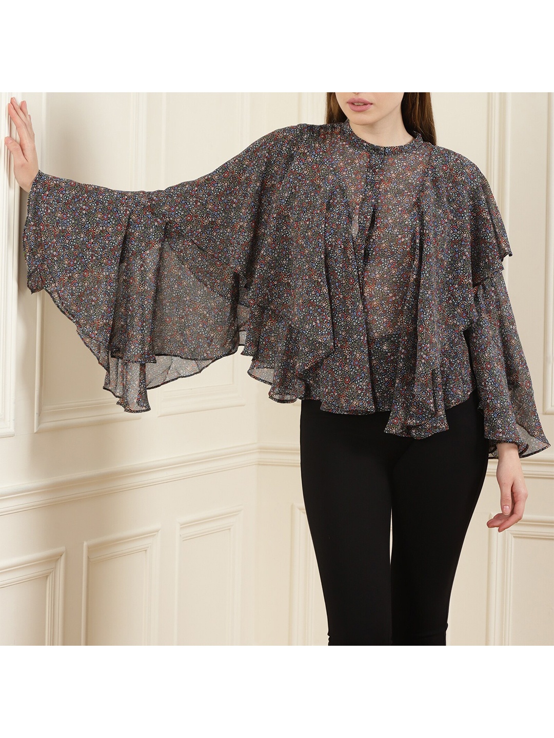 

Ted Baker Black Floral Print Ruffles Crepe Top